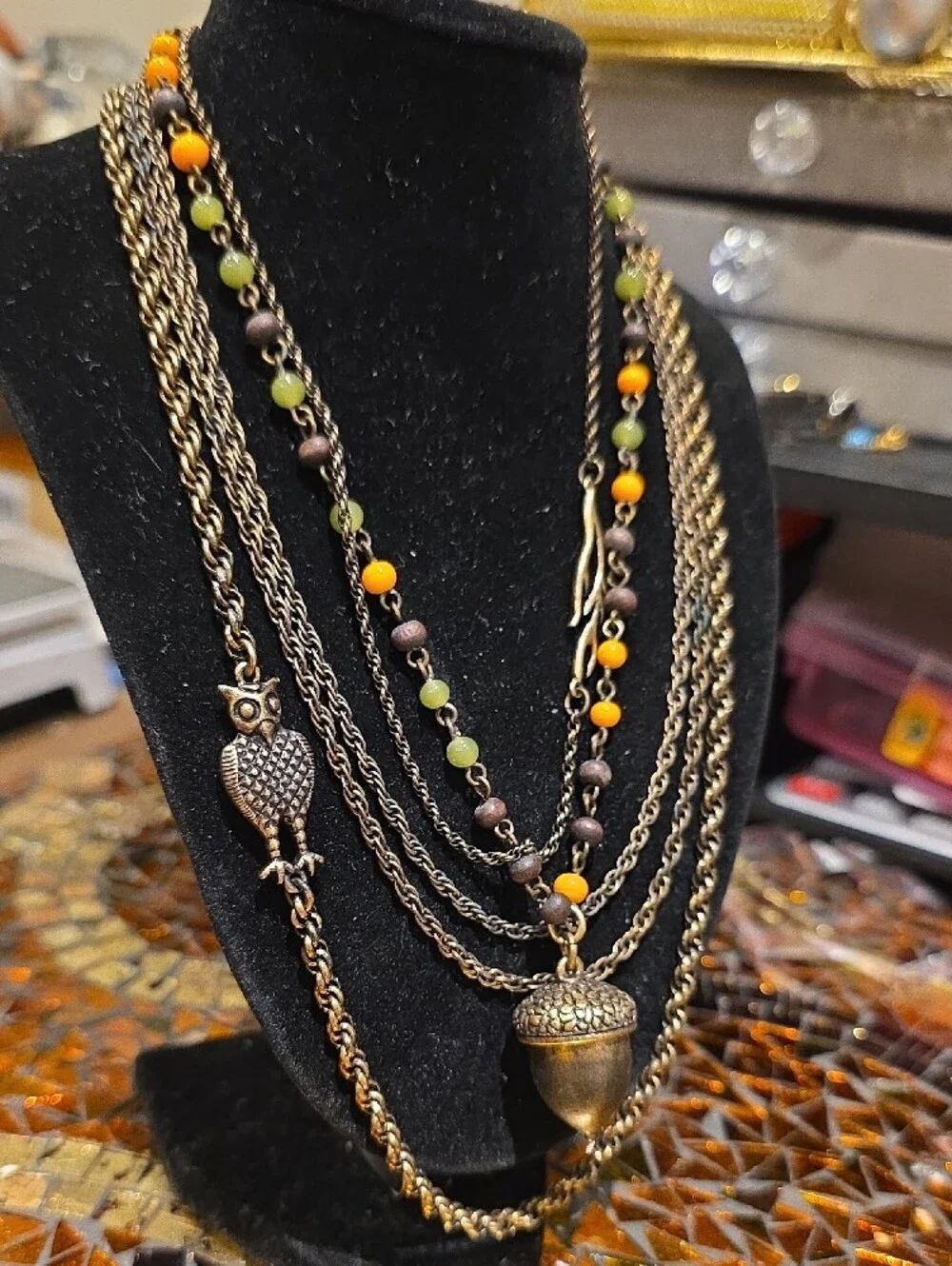 Antique Gold Multi-Strand Owl & Acorn Necklace with Green and Orange Beads